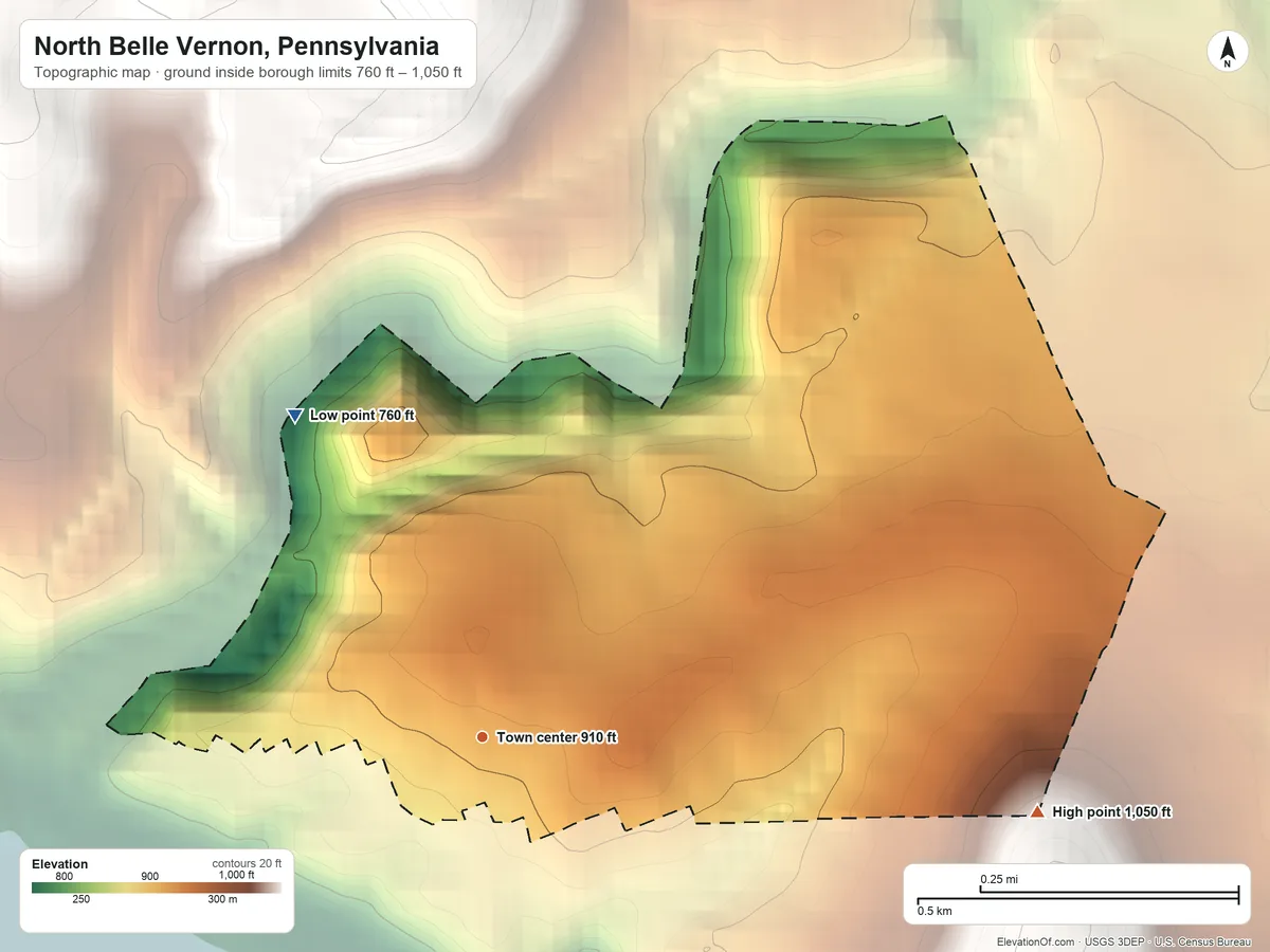 Topographic elevation map of North Belle Vernon, Pennsylvania, shaded from 760 ft on the northwest side to 1,050 ft on the east side