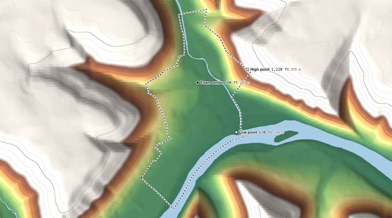 Topographic elevation map of North Bend, Pennsylvania, shaded from 630 ft on the southeast side to 1,220 ft on the east edge, below higher ground just outside