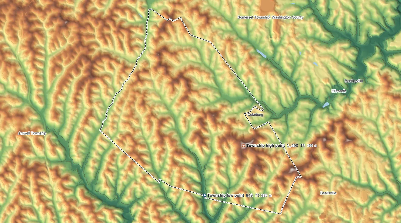 Topographic elevation map of North Bethlehem Township, Pennsylvania, shaded from 940 ft on the south side to 1,490 ft on the southeast side