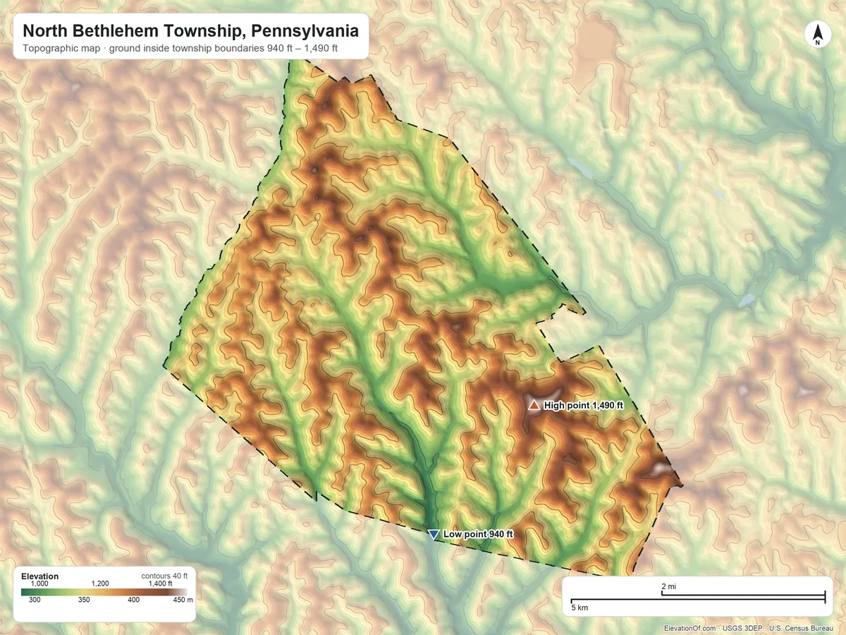 Topographic elevation map of North Bethlehem Township, Pennsylvania, shaded from 940 ft on the south side to 1,490 ft on the southeast side