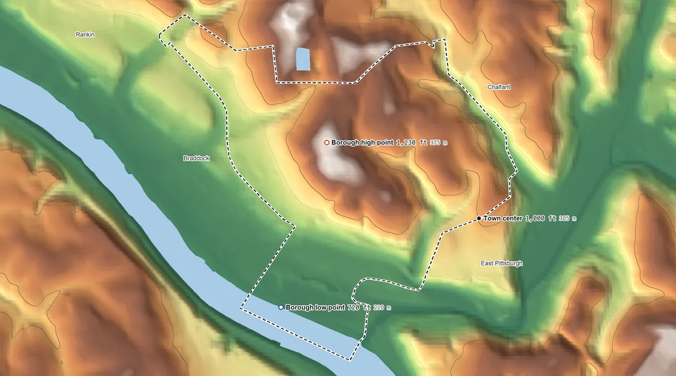 Topographic elevation map of North Braddock, Pennsylvania, shaded from 720 ft on the southwest side to 1,230 ft on the northwest side