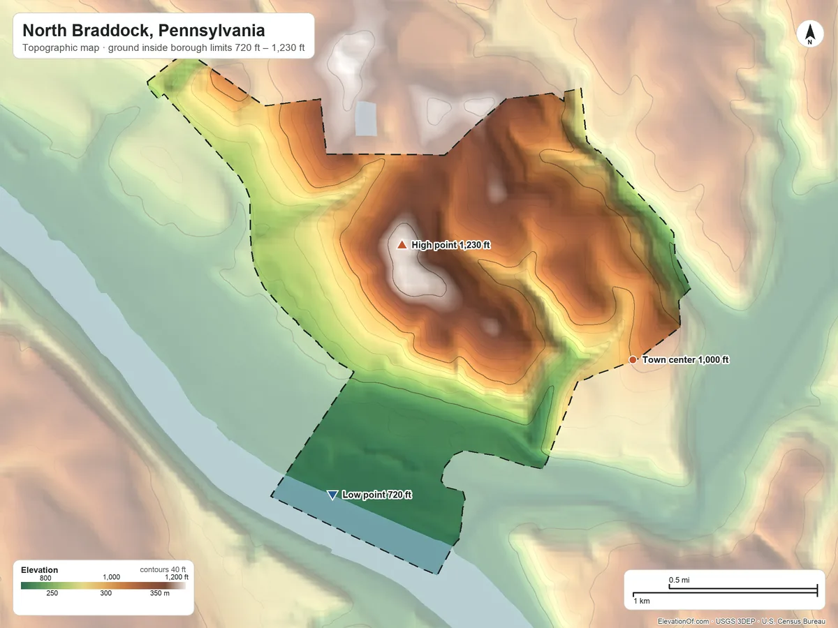 Topographic elevation map of North Braddock, Pennsylvania, shaded from 720 ft on the southwest side to 1,230 ft on the northwest side