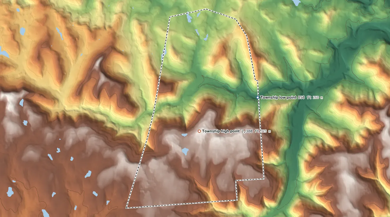 Topographic elevation map of North Branch Township, Pennsylvania, shaded from 850 ft on the southeast side to 2,380 ft on Bartlett Mountain