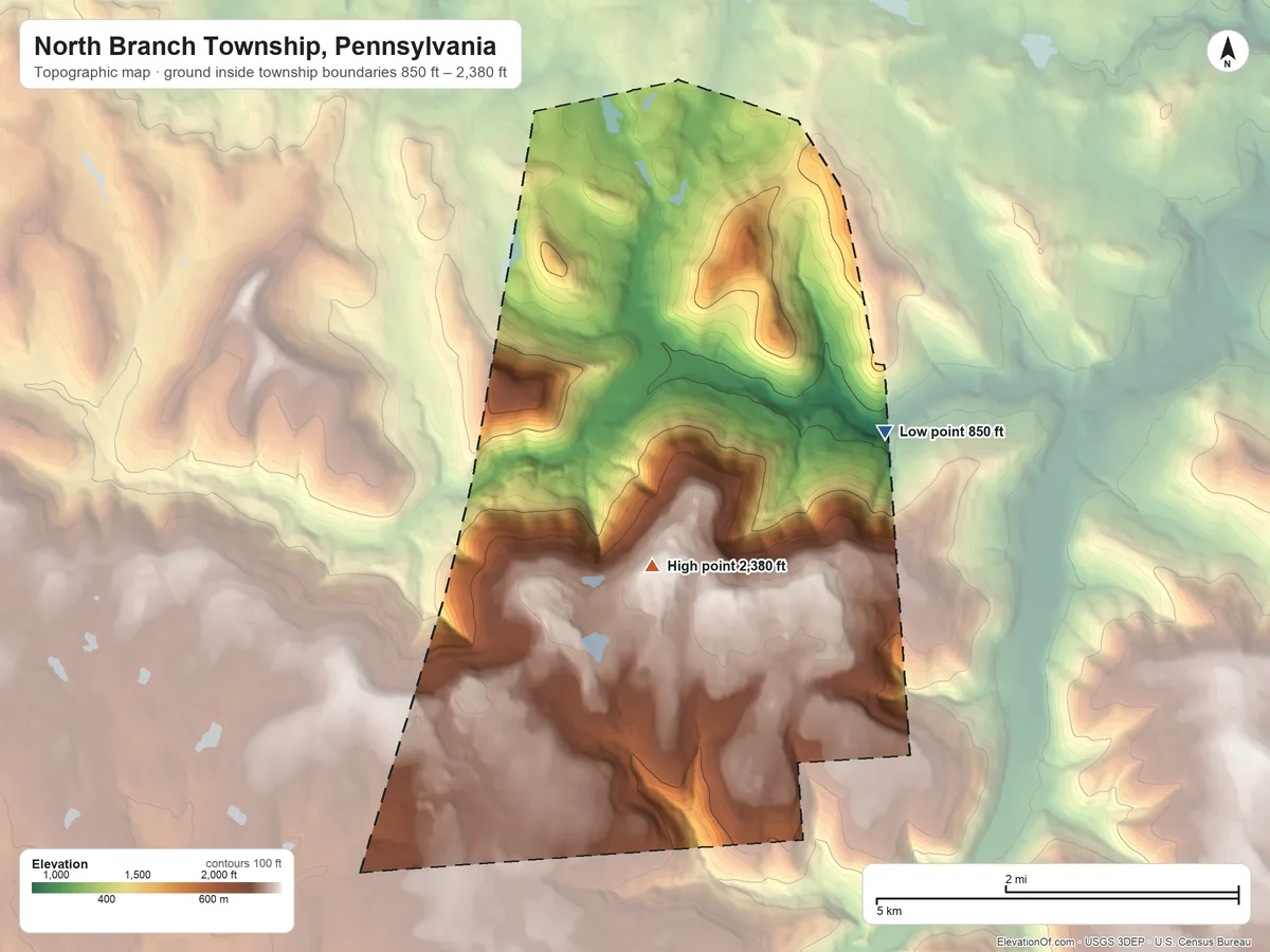 Topographic elevation map of North Branch Township, Pennsylvania, shaded from 850 ft on the southeast side to 2,380 ft on Bartlett Mountain
