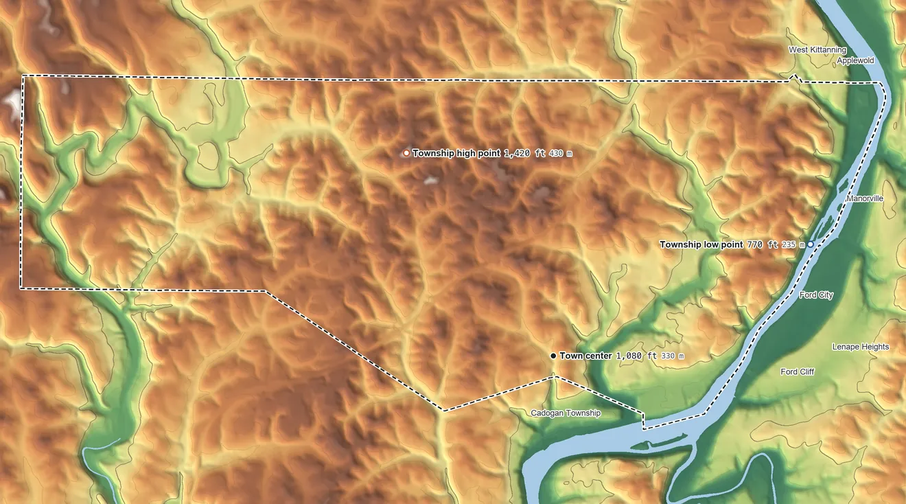 Topographic elevation map of North Buffalo Township, Pennsylvania, shaded from 770 ft on the northeast side to 1,420 ft on the northwest side