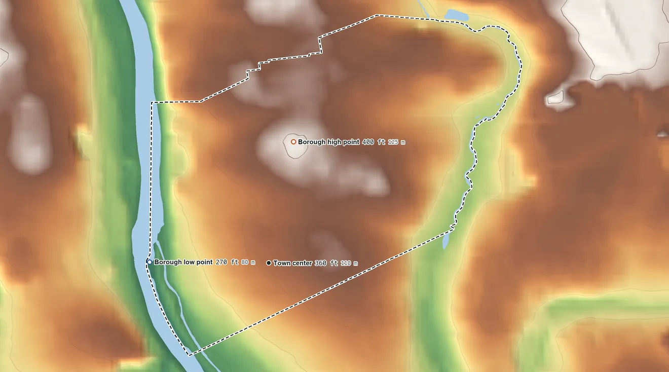 Topographic elevation map of North Catasauqua, Pennsylvania, shaded from 270 ft on the west side to 400 ft on the north side