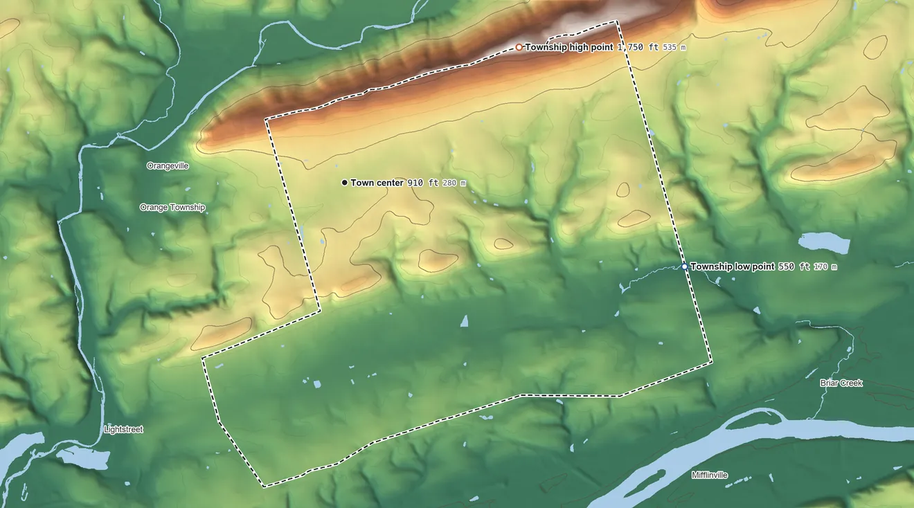 Topographic elevation map of North Centre Township, Pennsylvania, shaded from 550 ft on the east side to 1,750 ft on the northeast edge, below higher ground just outside