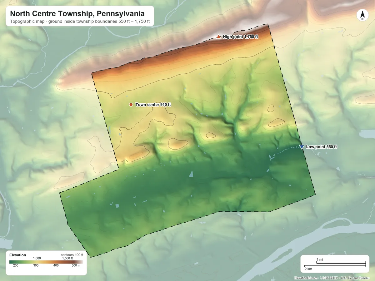 Topographic elevation map of North Centre Township, Pennsylvania, shaded from 550 ft on the east side to 1,750 ft on the northeast edge, below higher ground just outside