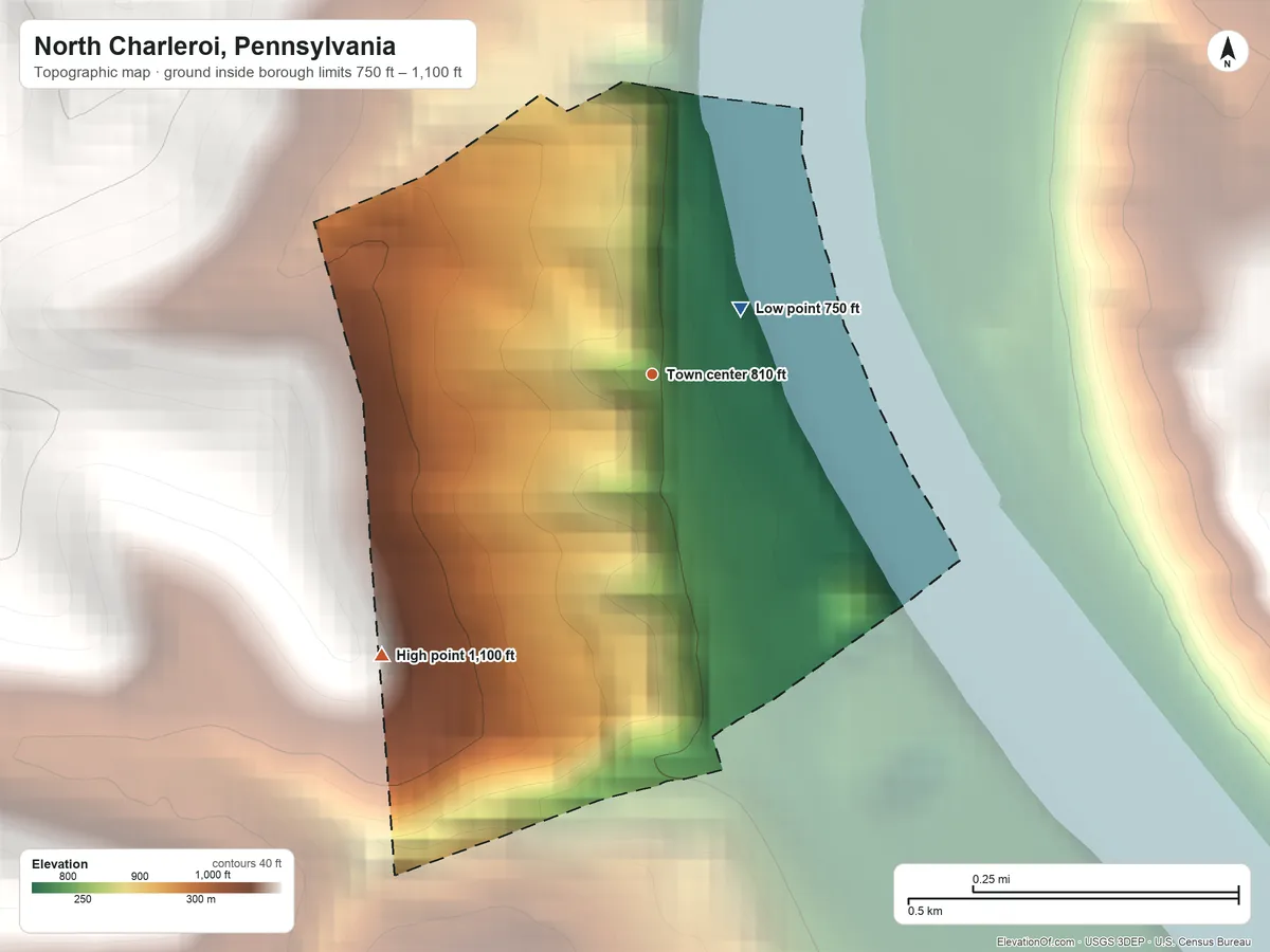 Topographic elevation map of North Charleroi, Pennsylvania, shaded from 750 ft on the northeast side to 1,100 ft on the southwest side