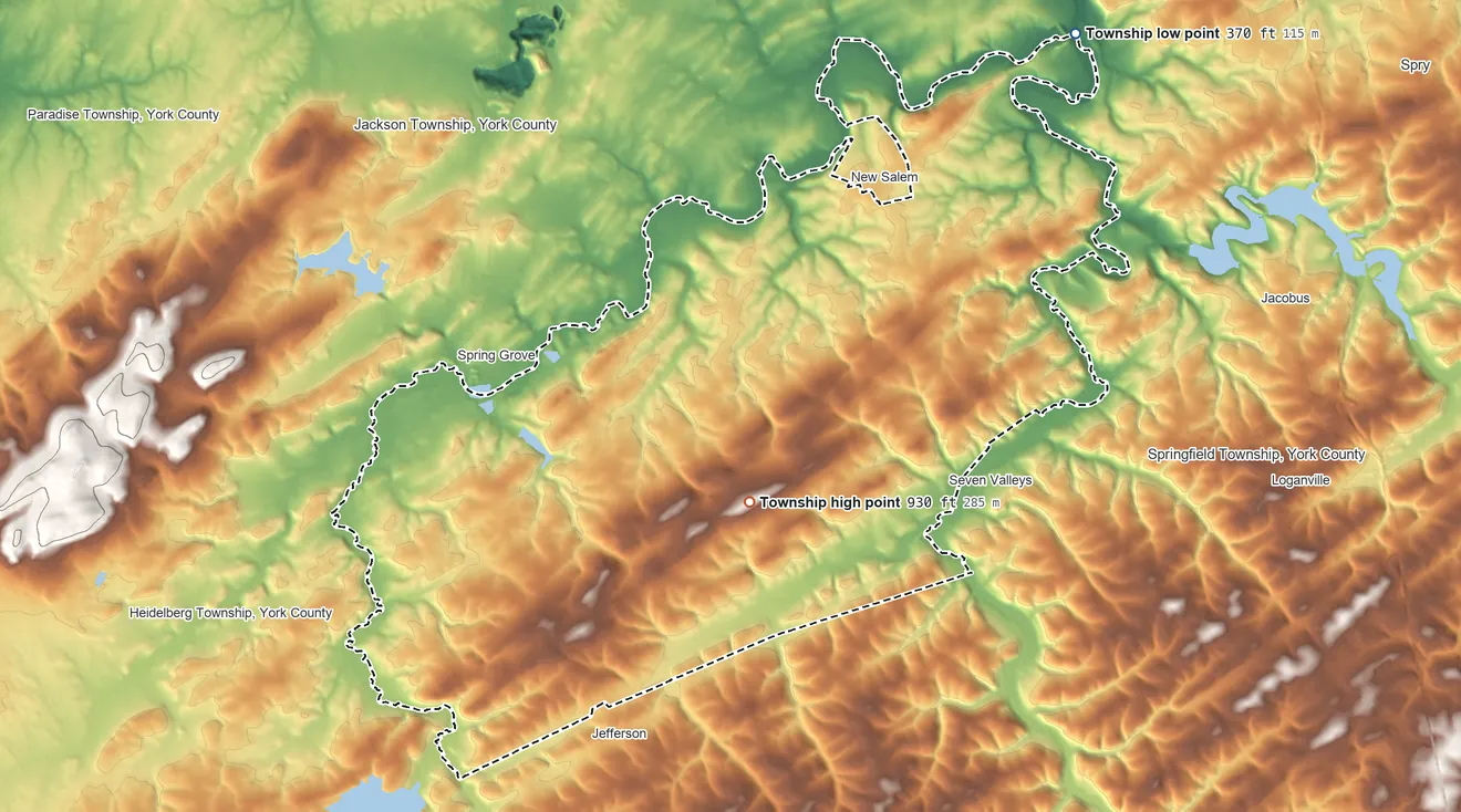 Topographic elevation map of North Codorus Township, Pennsylvania, shaded from 370 ft on the northeast side to 930 ft on the south side