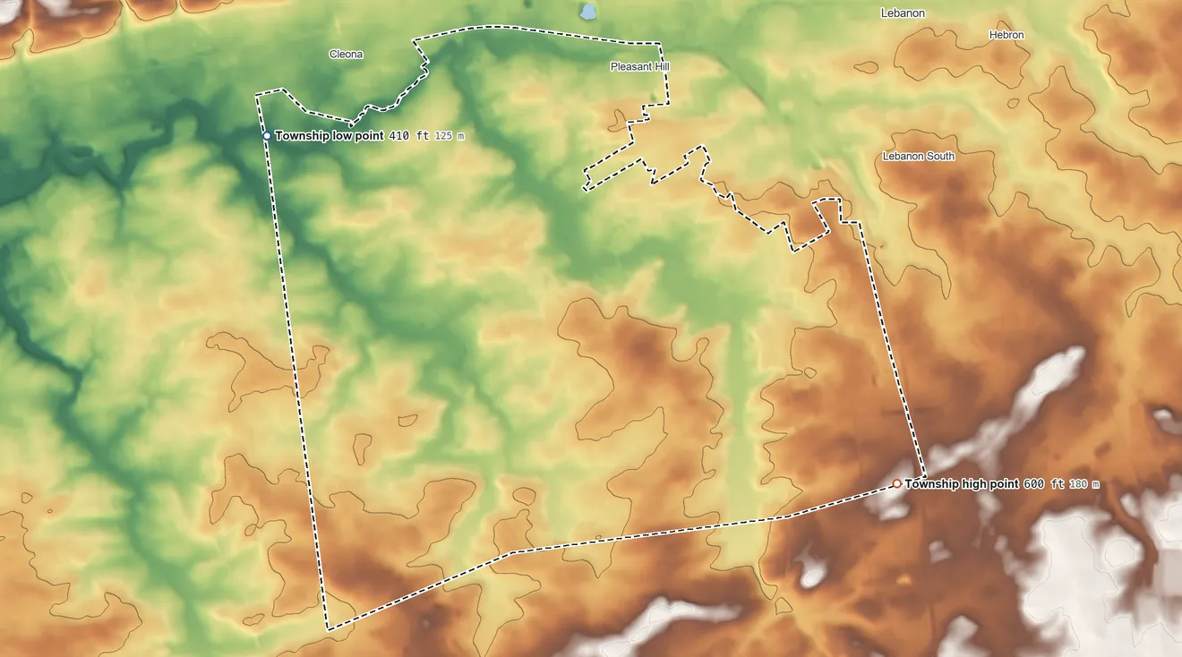 Topographic elevation map of North Cornwall Township, Pennsylvania, shaded from 410 ft on the west side to 600 ft on the southeast side