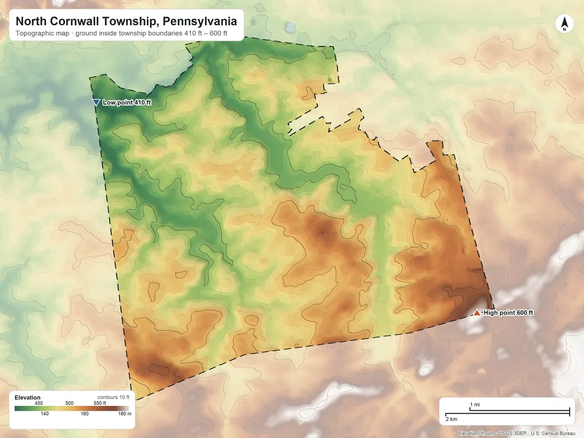 Topographic elevation map of North Cornwall Township, Pennsylvania, shaded from 410 ft on the west side to 600 ft on the southeast side