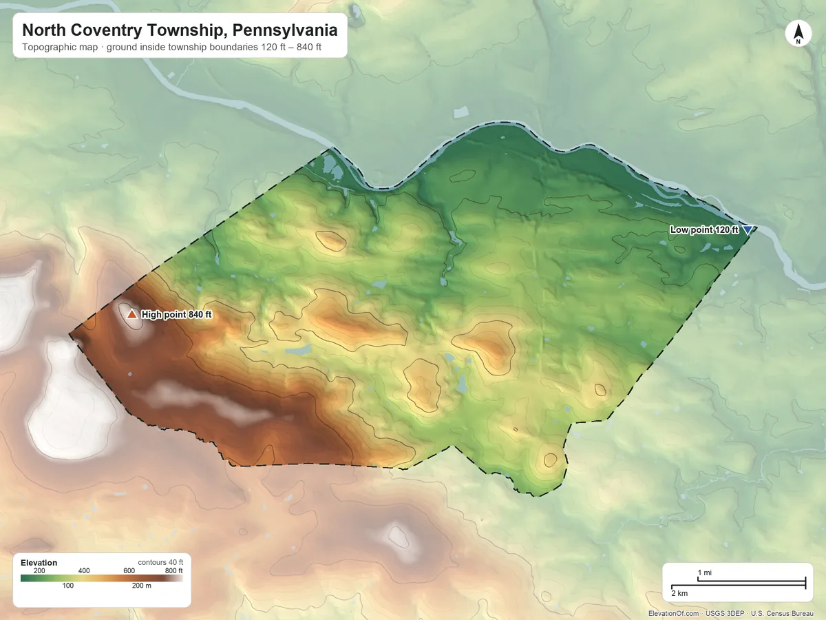 Topographic elevation map of North Coventry Township, Pennsylvania, shaded from 120 ft on the east side to 840 ft on the west side