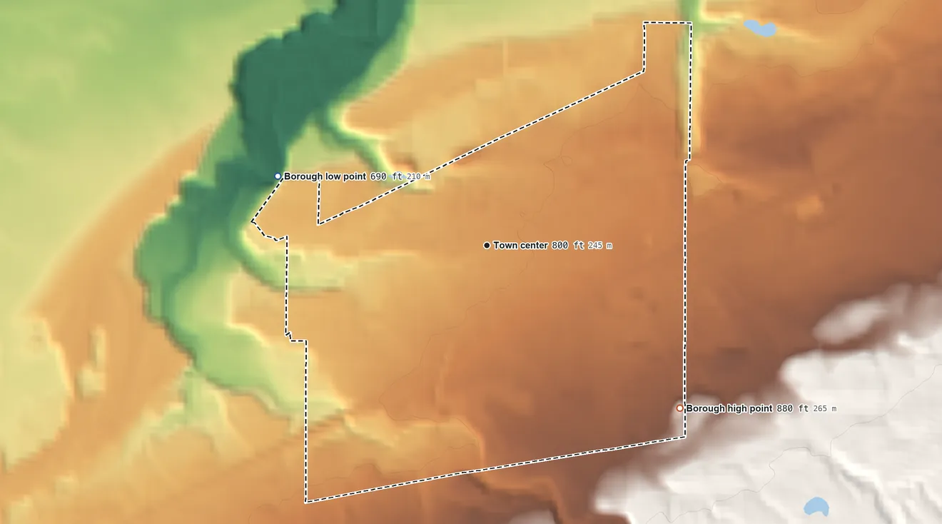 Topographic elevation map of North East, Pennsylvania, shaded from 690 ft on the west side to 880 ft at the foot of the Drumlins