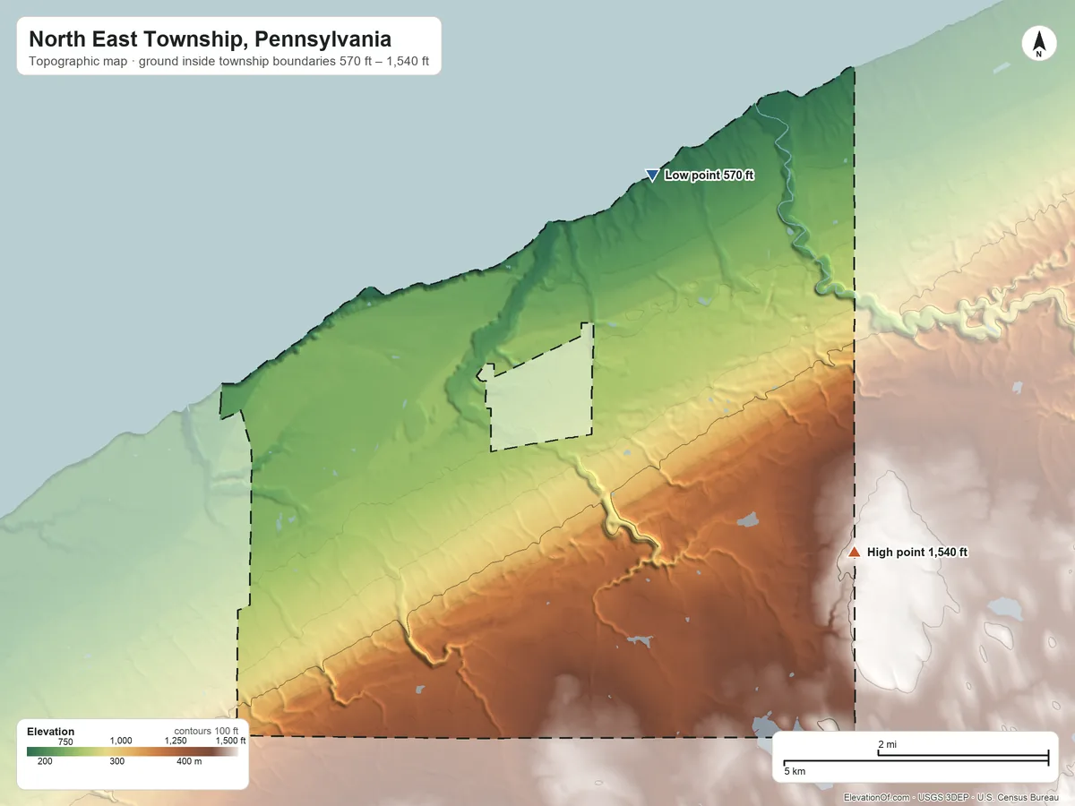 Topographic elevation map of North East Township, Pennsylvania, shaded from 570 ft on the north side to 1,540 ft on the east side