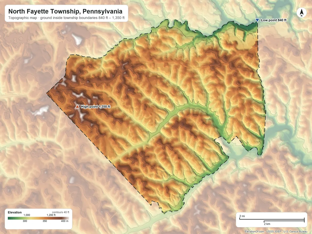 Topographic elevation map of North Fayette Township, Pennsylvania, shaded from 840 ft on the northeast side to 1,350 ft on the west side
