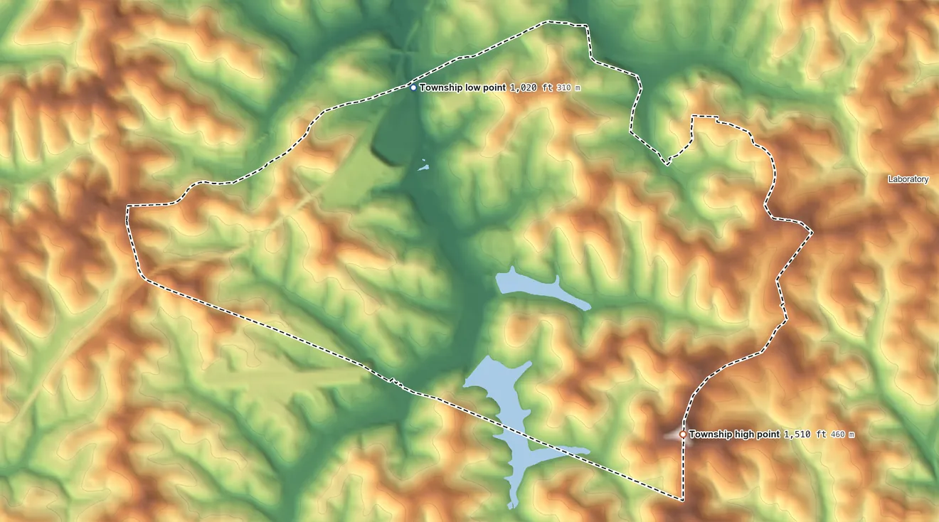 Topographic elevation map of North Franklin Township, Pennsylvania, shaded from 1,020 ft on the northwest side to 1,512 ft on Mount Wheeler