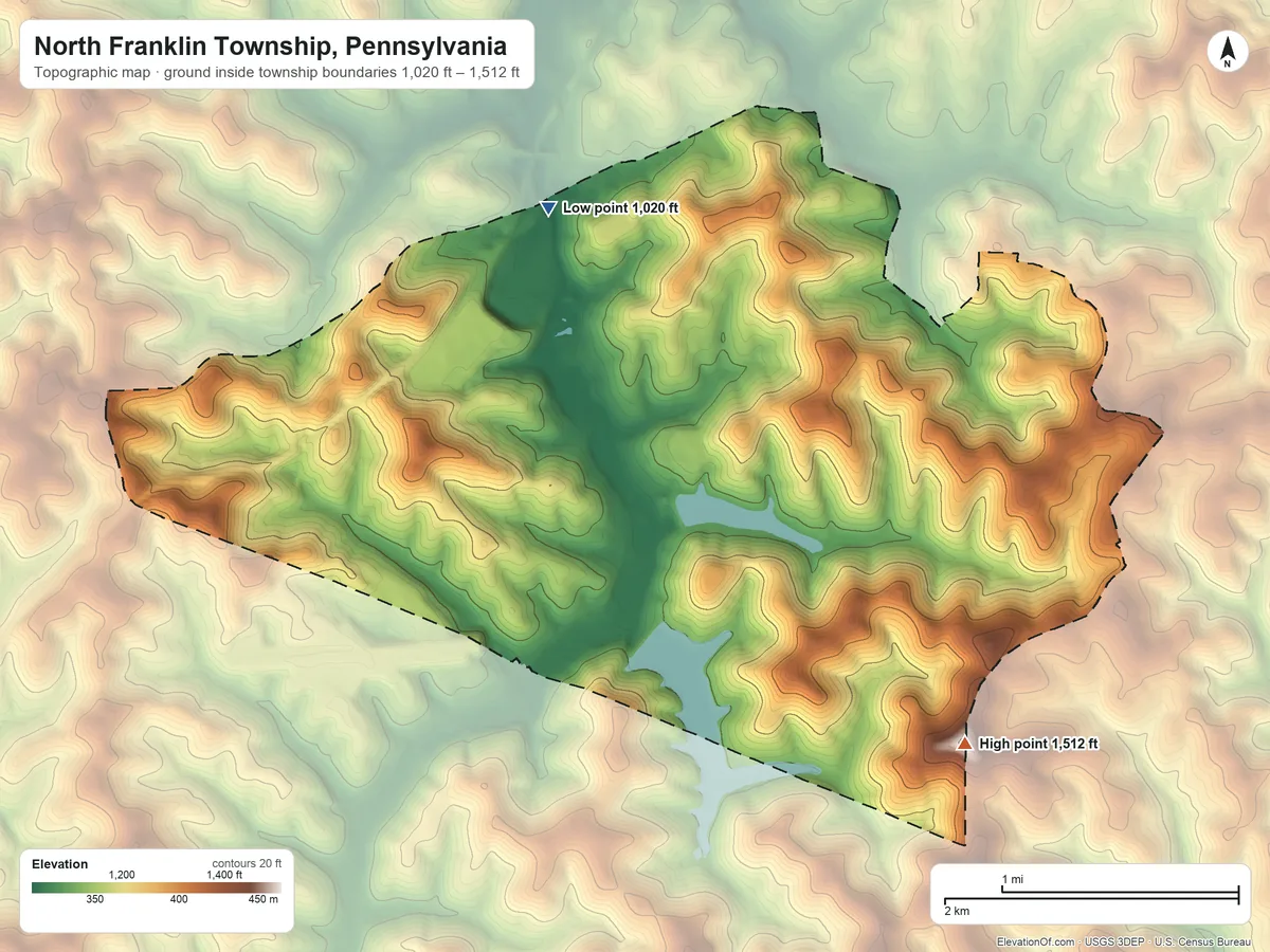 Topographic elevation map of North Franklin Township, Pennsylvania, shaded from 1,020 ft on the northwest side to 1,512 ft on Mount Wheeler