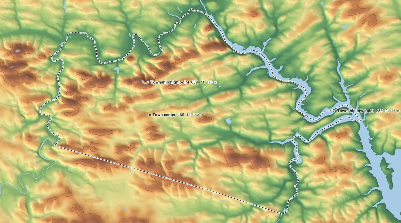 Topographic elevation map of North Heidelberg Township, Pennsylvania, shaded from 280 ft on the east side to 630 ft near the middle