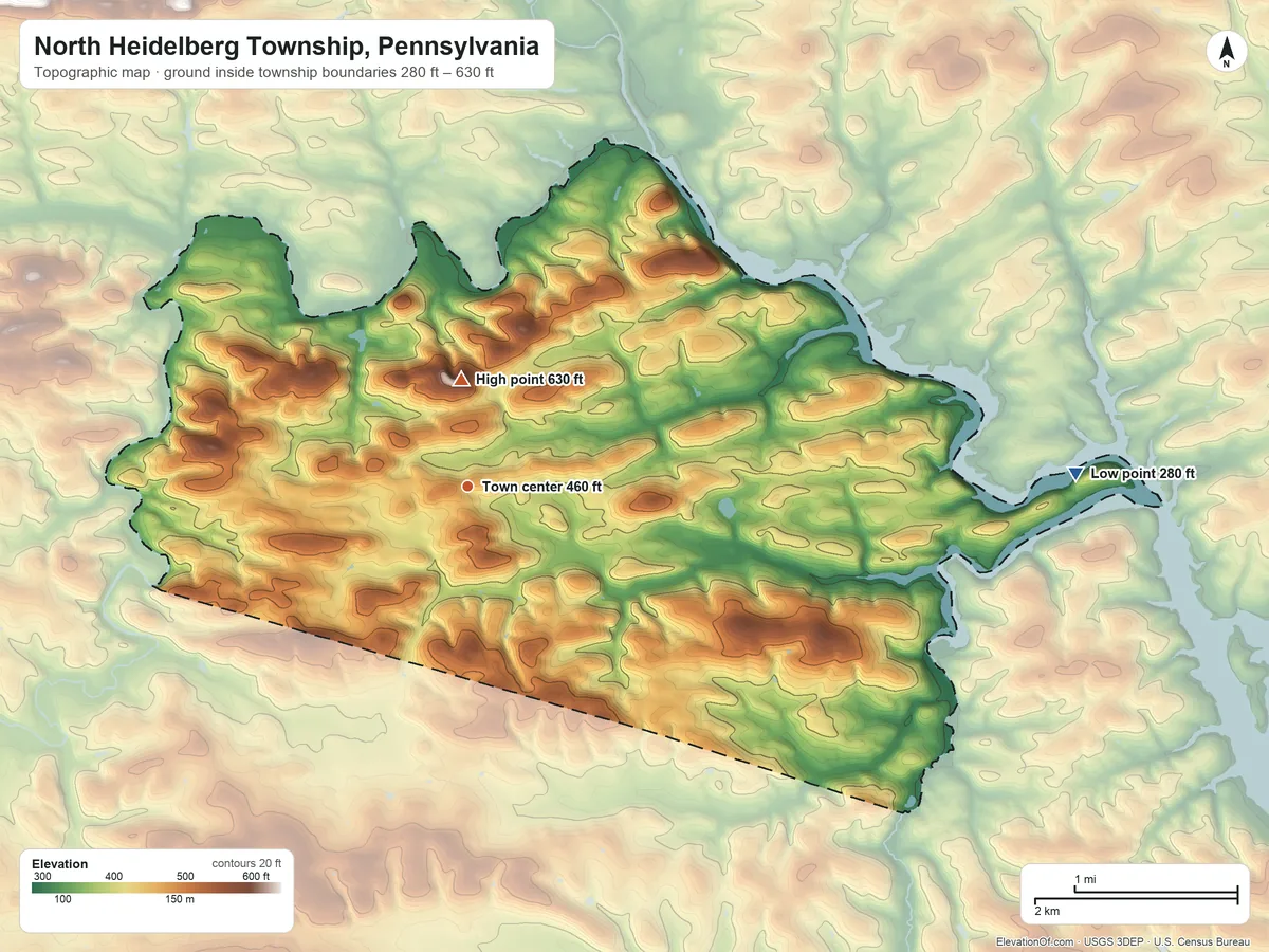 Topographic elevation map of North Heidelberg Township, Pennsylvania, shaded from 280 ft on the east side to 630 ft near the middle