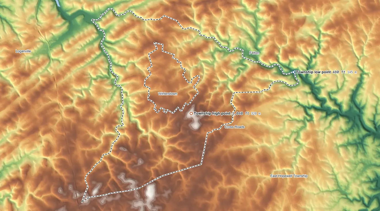 Topographic elevation map of North Hopewell Township, Pennsylvania, shaded from 480 ft on the east side to 1,040 ft on the east side