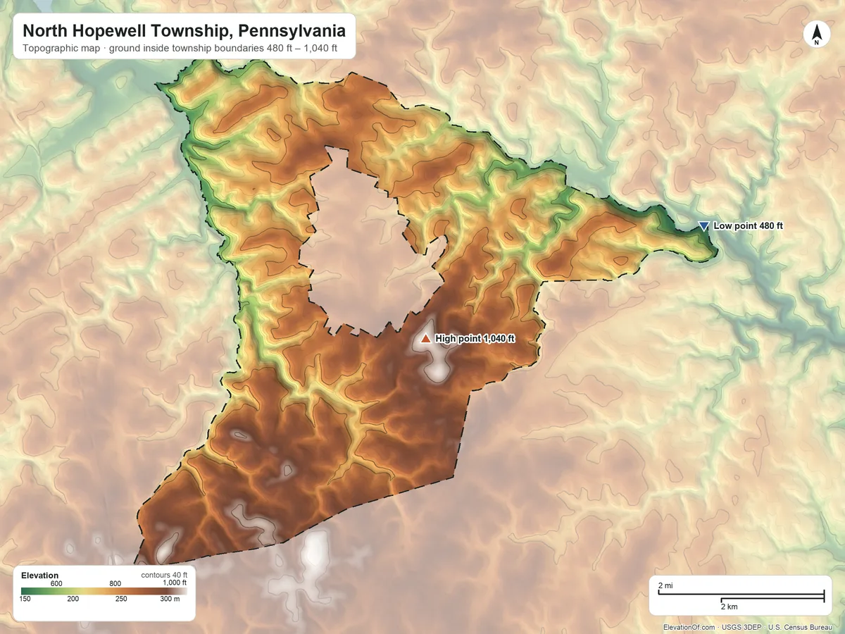 Topographic elevation map of North Hopewell Township, Pennsylvania, shaded from 480 ft on the east side to 1,040 ft on the east side