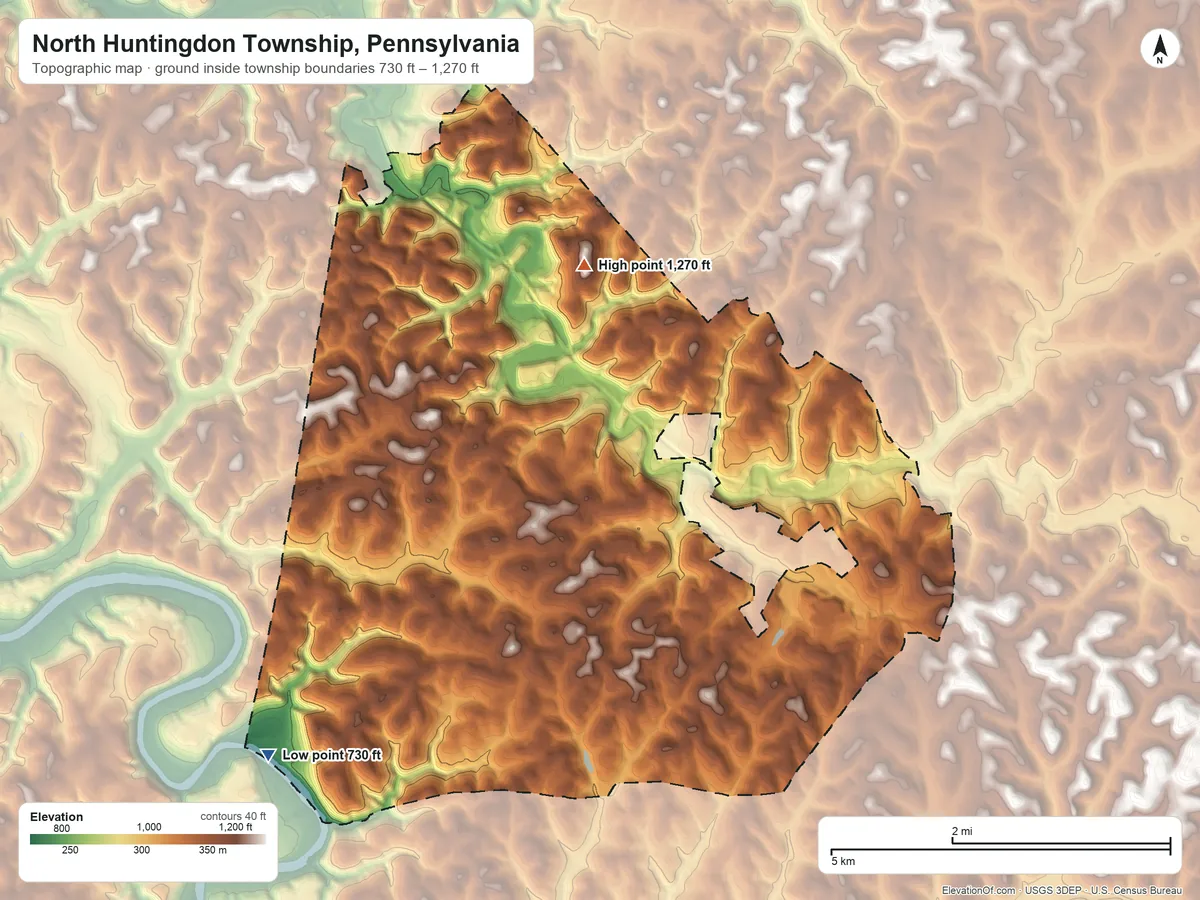 Topographic elevation map of North Huntingdon Township, Pennsylvania, shaded from 730 ft on the southwest side to 1,270 ft on the north side