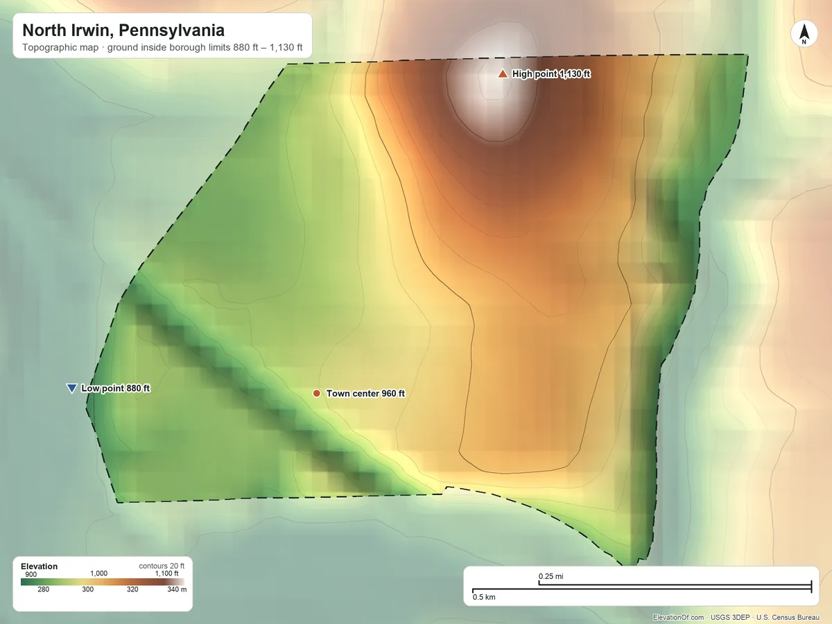 Topographic elevation map of North Irwin, Pennsylvania, shaded from 880 ft on the west side to 1,130 ft on the northeast side