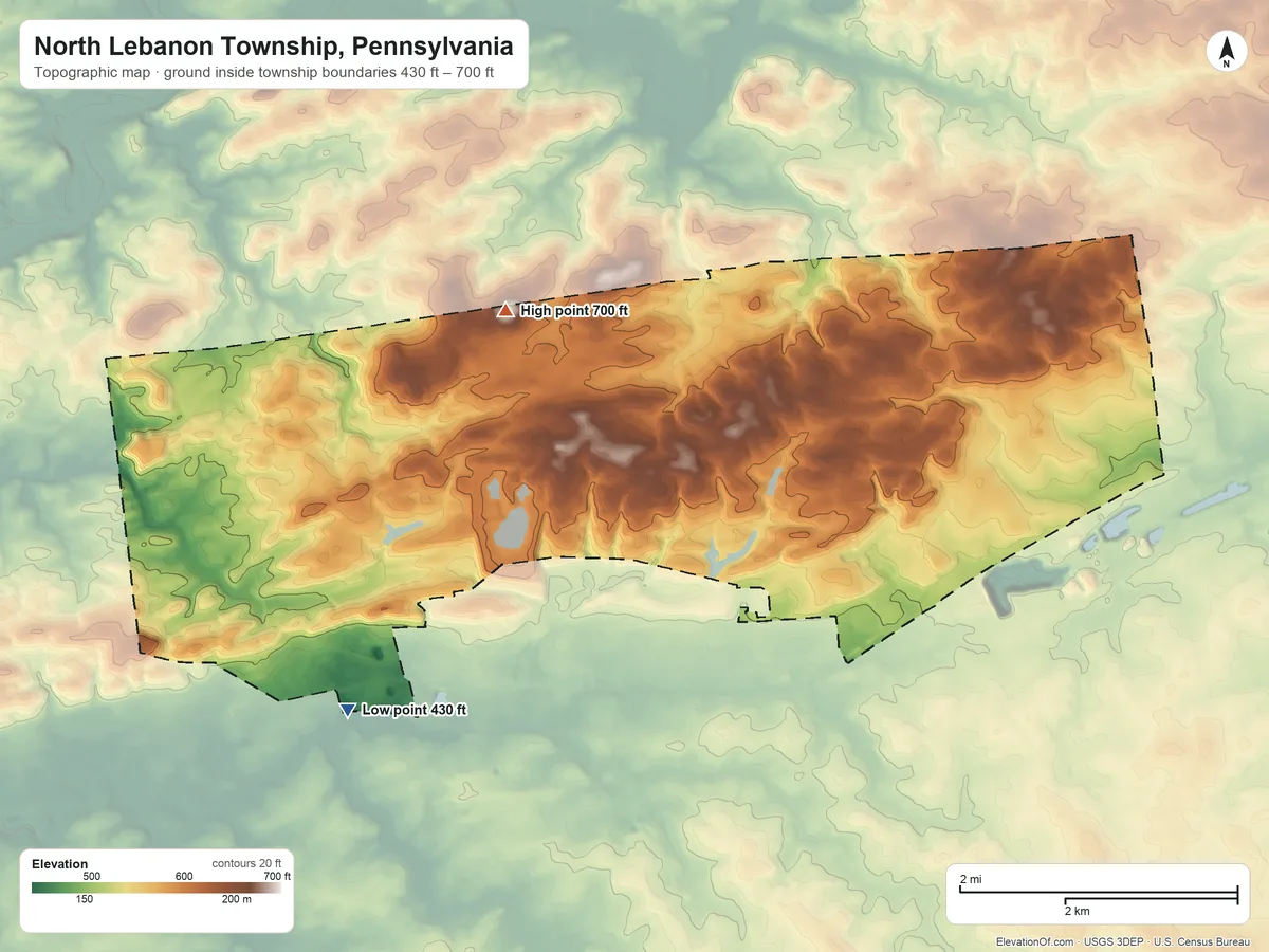 Topographic elevation map of North Lebanon Township, Pennsylvania, shaded from 430 ft on the southwest side to 700 ft on the northwest side