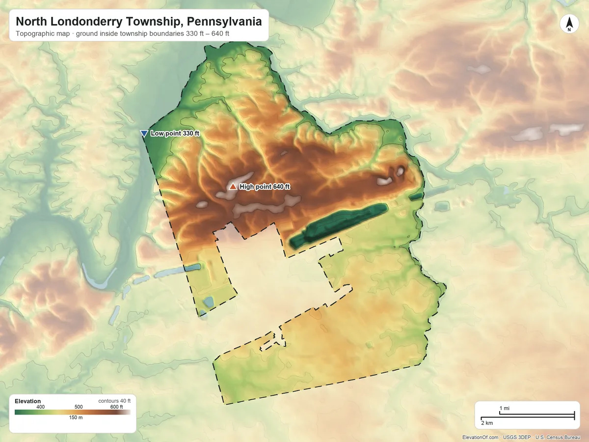 Topographic elevation map of North Londonderry Township, Pennsylvania, shaded from 330 ft on the northwest side to 640 ft on the northwest side