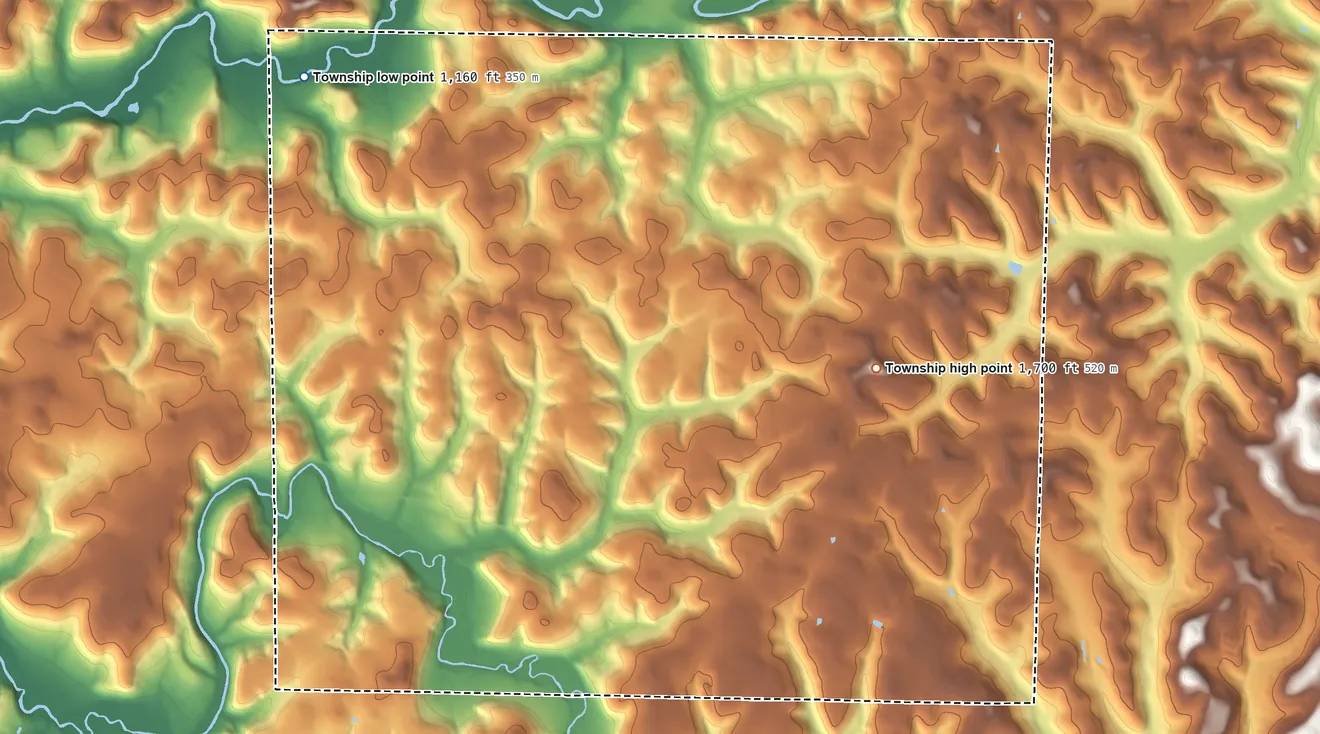 Topographic elevation map of North Mahoning Township, Pennsylvania, shaded from 1,160 ft on the northwest side to 1,700 ft on the east side