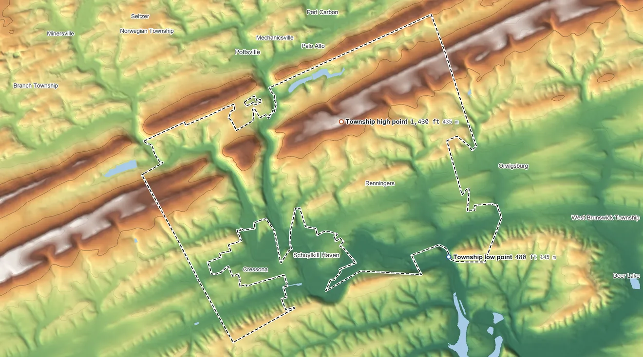 Topographic elevation map of North Manheim Township, Pennsylvania, shaded from 480 ft on the east side to 1,430 ft on the northeast side
