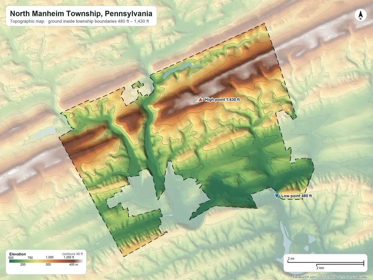 Topographic elevation map of North Manheim Township, Pennsylvania, shaded from 480 ft on the east side to 1,430 ft on the northeast side