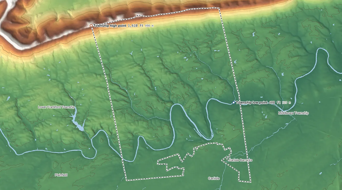 Topographic elevation map of North Middleton Township, Pennsylvania, shaded from 400 ft on the northeast side to 1,610 ft on the northwest side