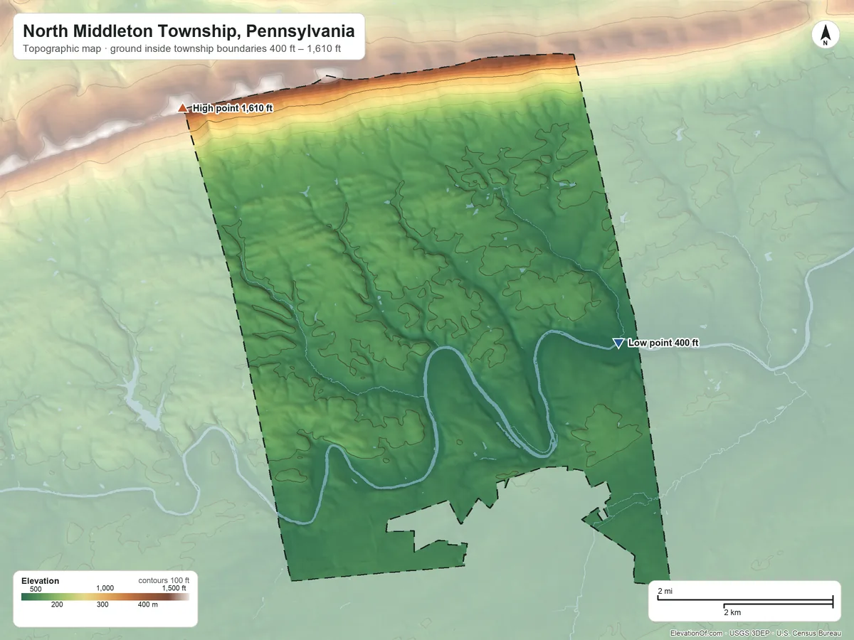Topographic elevation map of North Middleton Township, Pennsylvania, shaded from 400 ft on the northeast side to 1,610 ft on the northwest side