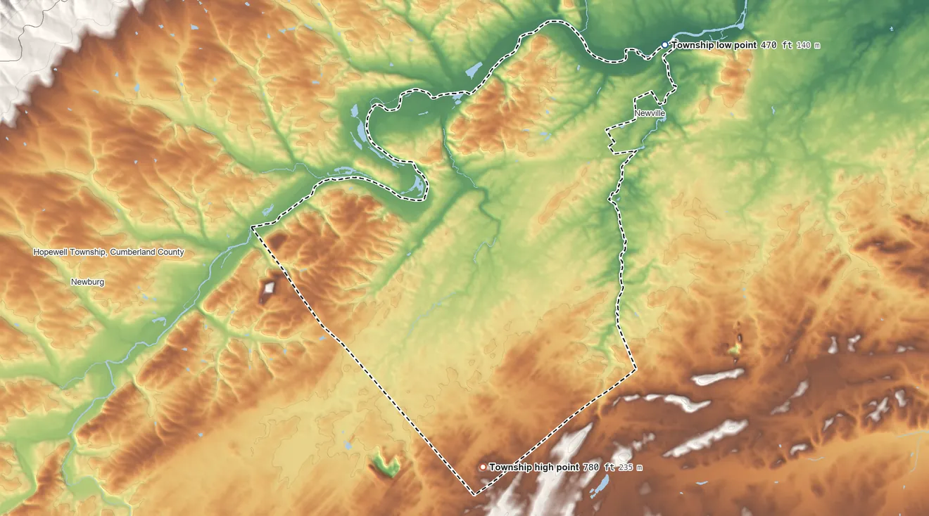 Topographic elevation map of North Newton Township, Pennsylvania, shaded from 470 ft on the northeast side to 780 ft on the south side