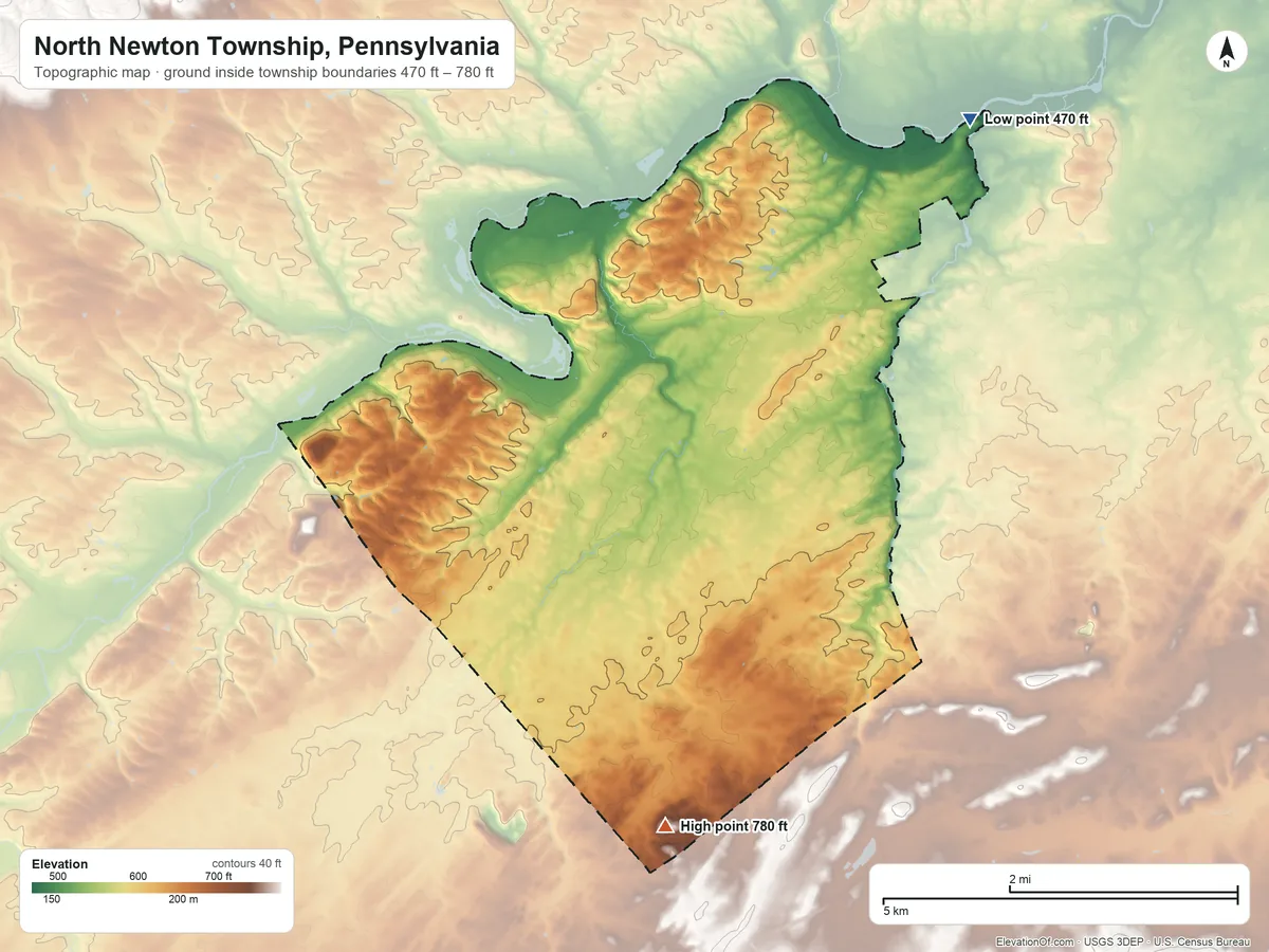 Topographic elevation map of North Newton Township, Pennsylvania, shaded from 470 ft on the northeast side to 780 ft on the south side