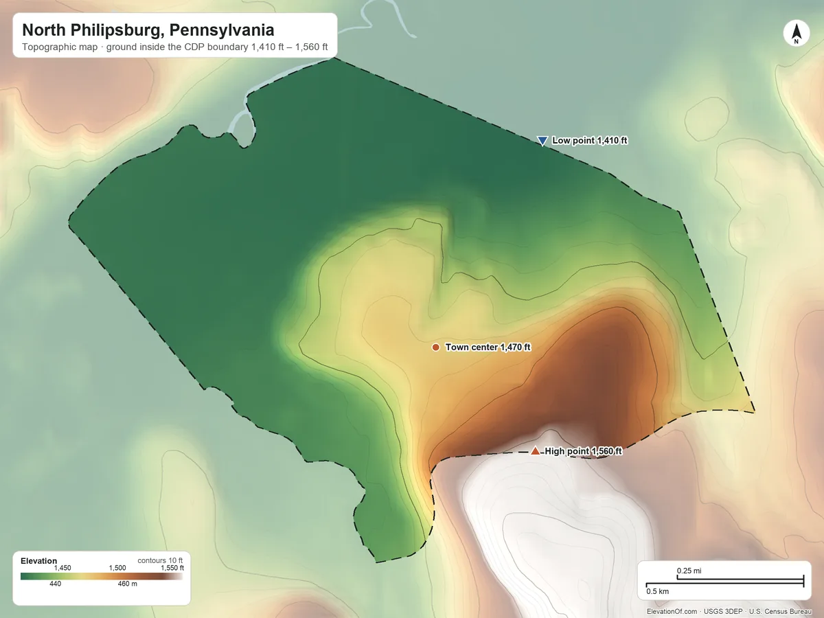 Topographic elevation map of North Philipsburg, Pennsylvania, shaded from 1,410 ft on the northeast side to 1,560 ft on the southeast edge, below higher ground just outside