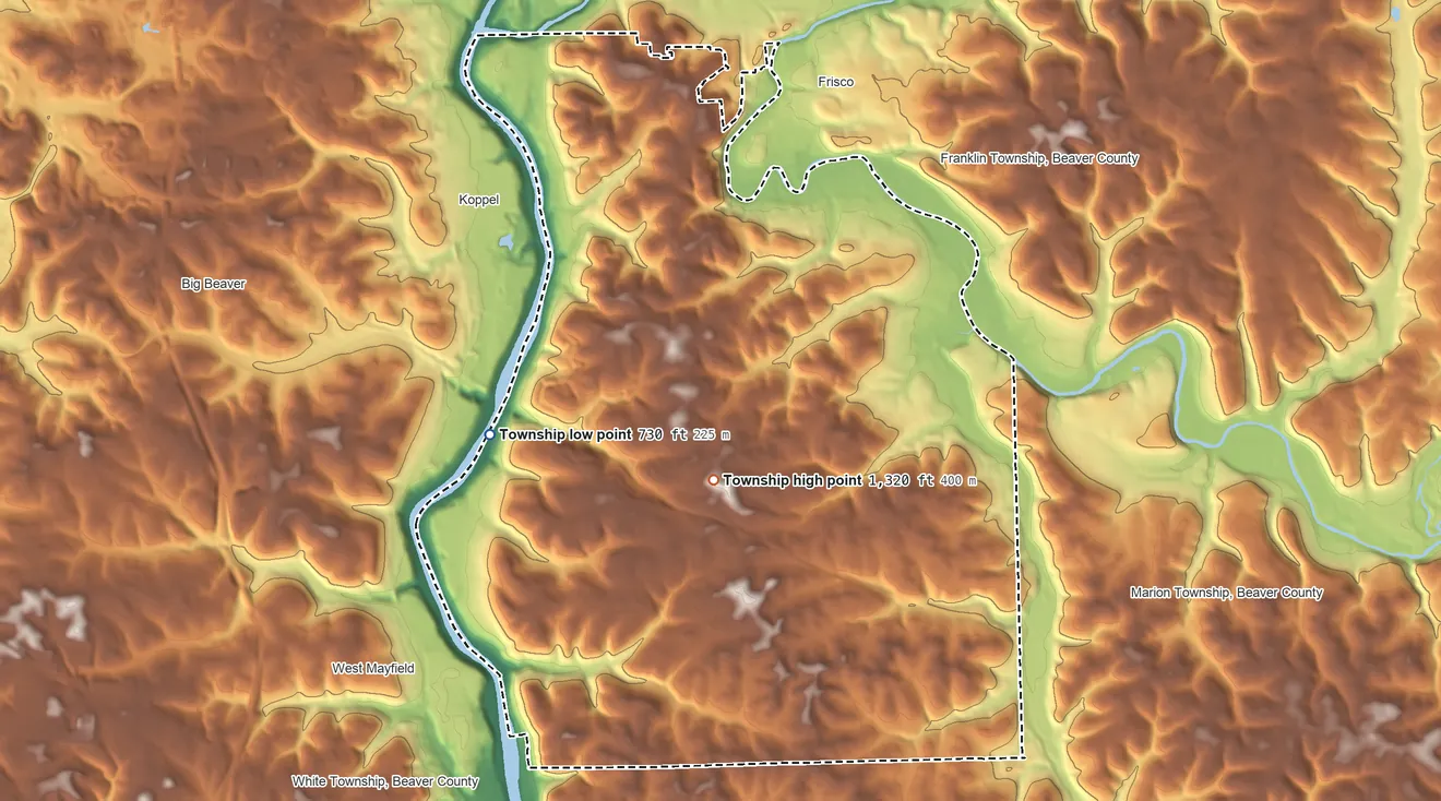 Topographic elevation map of North Sewickley Township, Pennsylvania, shaded from 730 ft on the west side to 1,320 ft near the middle