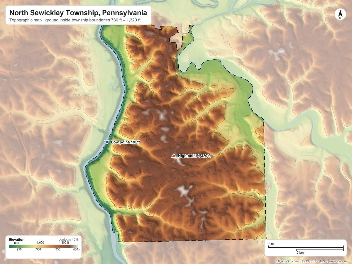 Topographic elevation map of North Sewickley Township, Pennsylvania, shaded from 730 ft on the west side to 1,320 ft near the middle