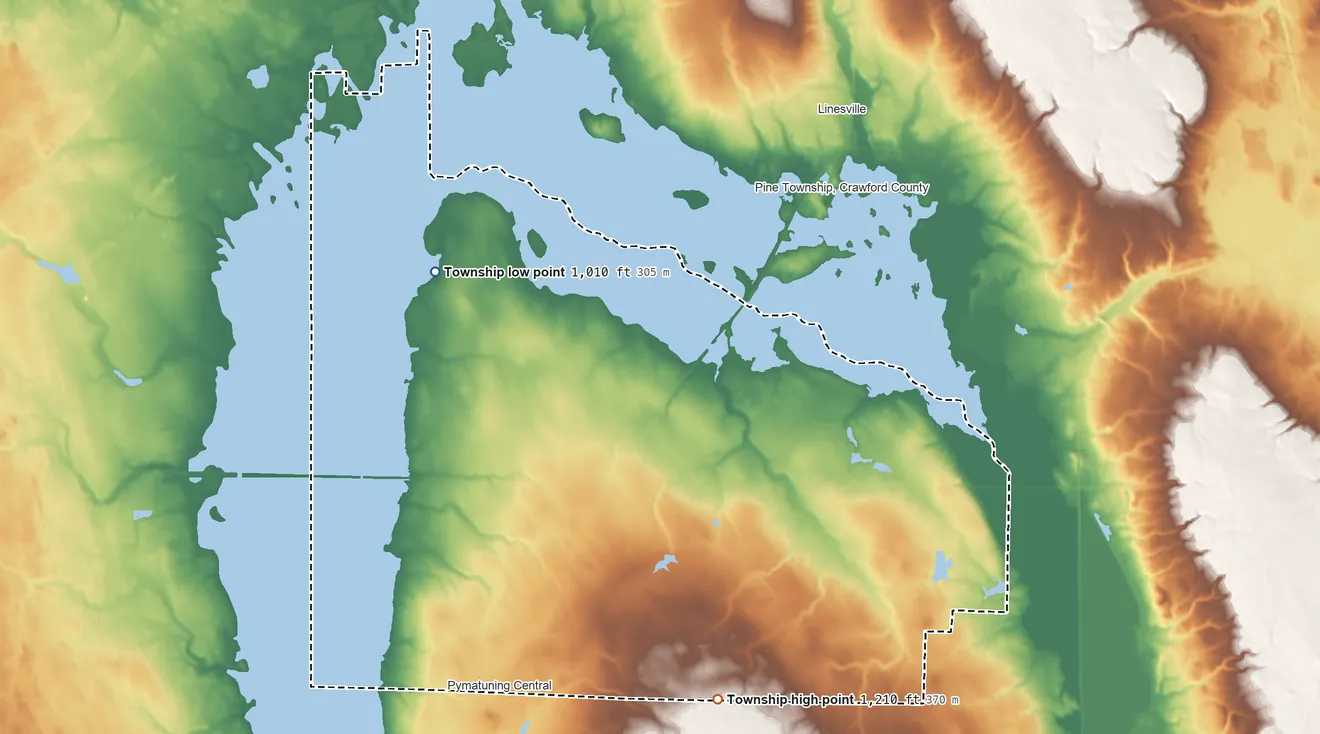 Topographic elevation map of North Shenango Township, Pennsylvania, shaded from 1,010 ft on the northwest side to 1,210 ft on the southeast side