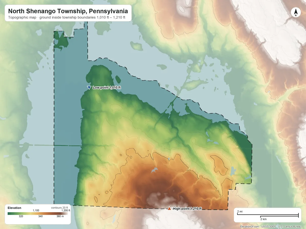 Topographic elevation map of North Shenango Township, Pennsylvania, shaded from 1,010 ft on the northwest side to 1,210 ft on the southeast side