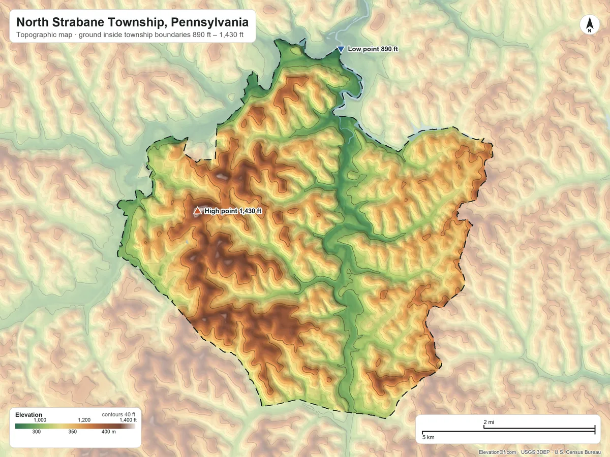 Topographic elevation map of North Strabane Township, Pennsylvania, shaded from 890 ft on the northeast side to 1,430 ft on the southwest side
