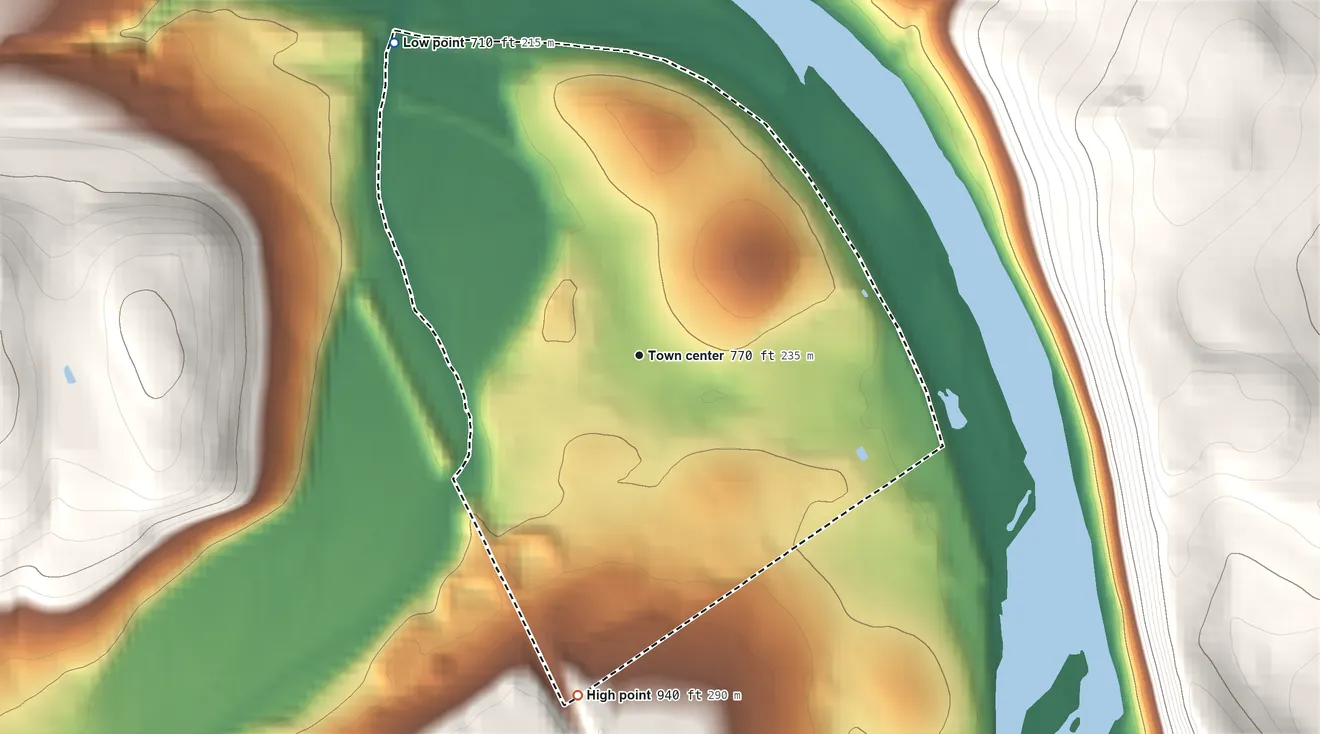Topographic elevation map of North Towanda, Pennsylvania, shaded from 710 ft on the northwest side to 940 ft on the south edge, below higher ground just outside