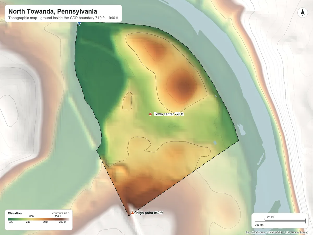 Topographic elevation map of North Towanda, Pennsylvania, shaded from 710 ft on the northwest side to 940 ft on the south edge, below higher ground just outside