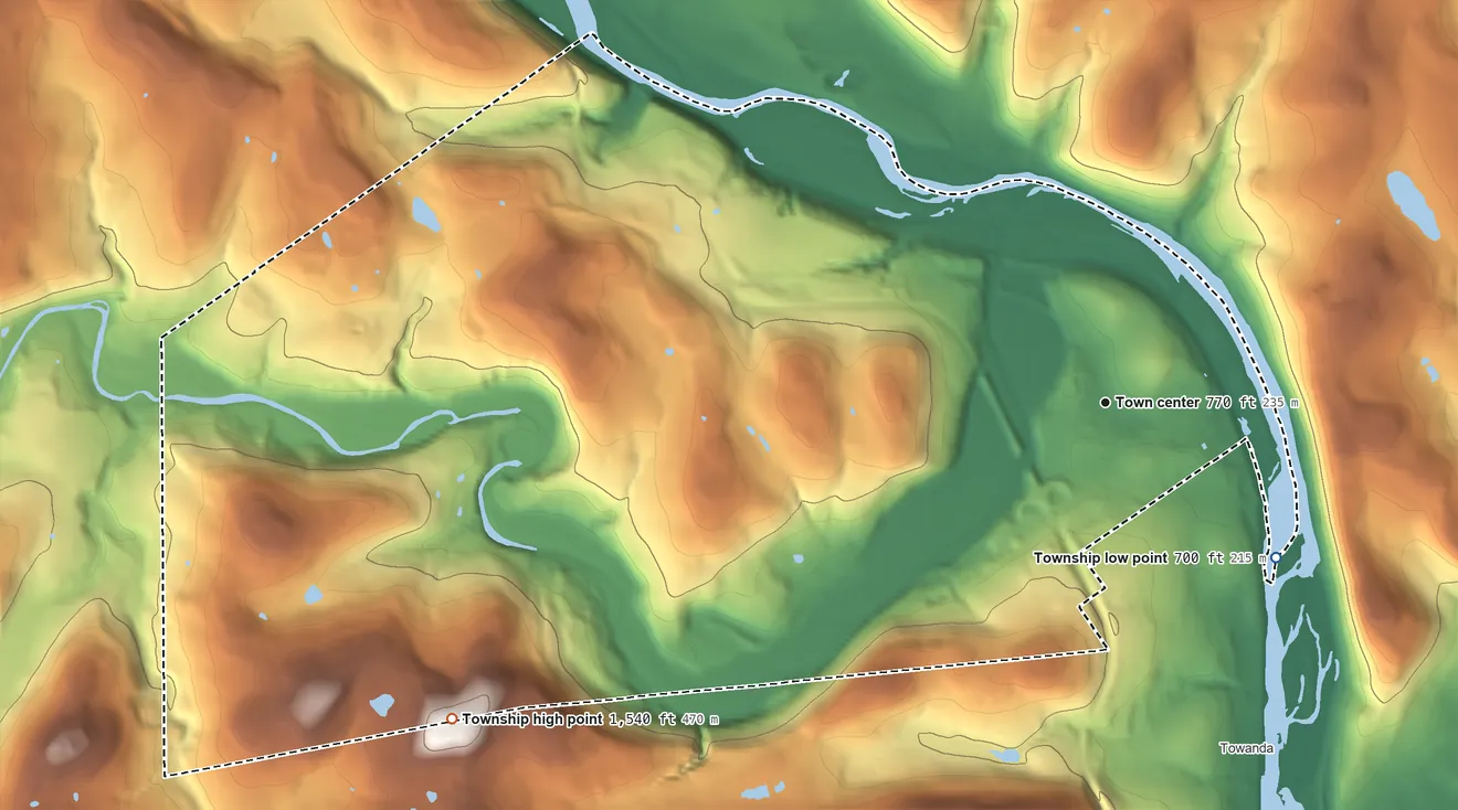 Topographic elevation map of North Towanda Township, Pennsylvania, shaded from 700 ft on the southeast side to 1,540 ft on the southwest side