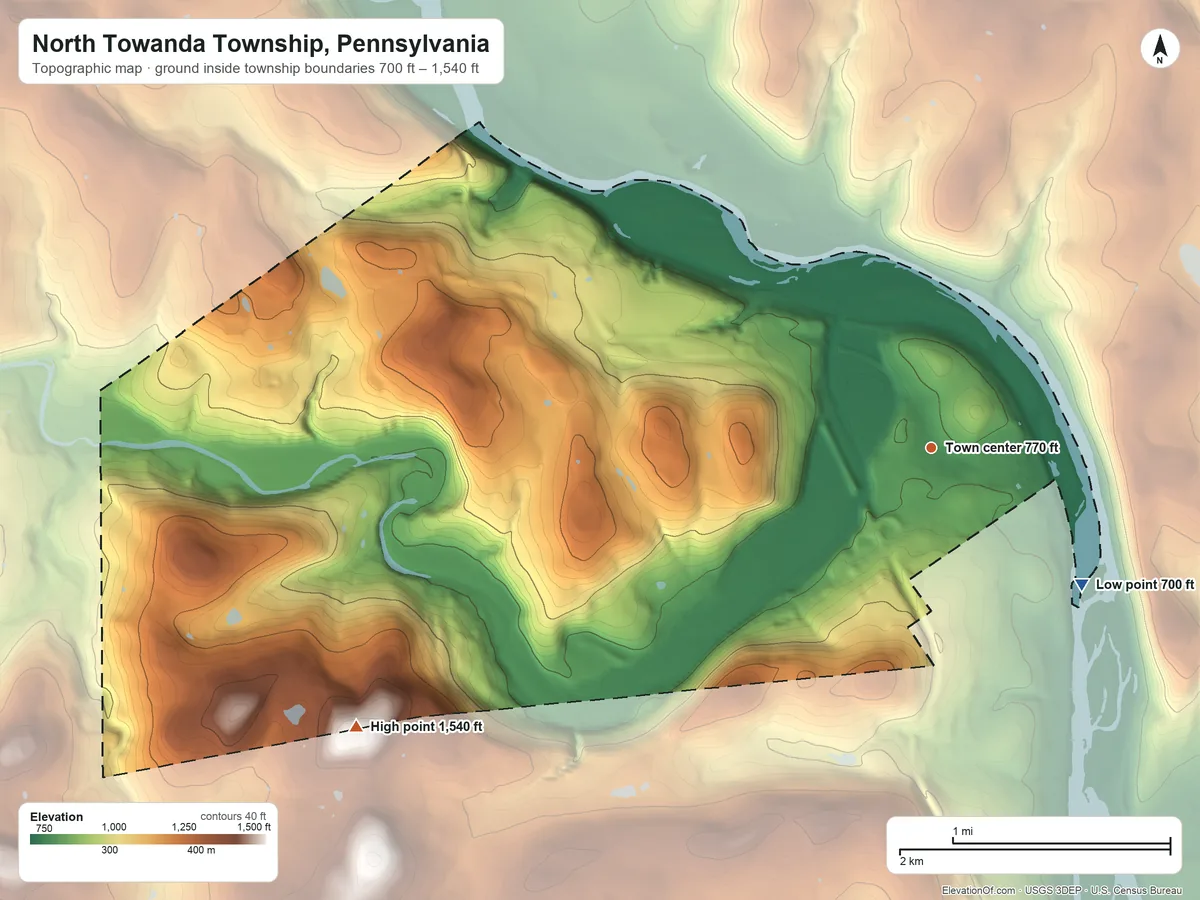 Topographic elevation map of North Towanda Township, Pennsylvania, shaded from 700 ft on the southeast side to 1,540 ft on the southwest side