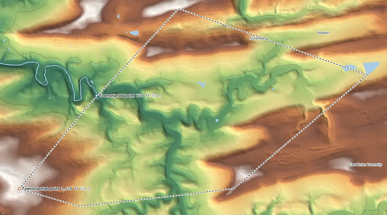 Topographic elevation map of North Union Township, Schuylkill County, Pennsylvania, shaded from 770 ft on the west side to 1,870 ft on the west side