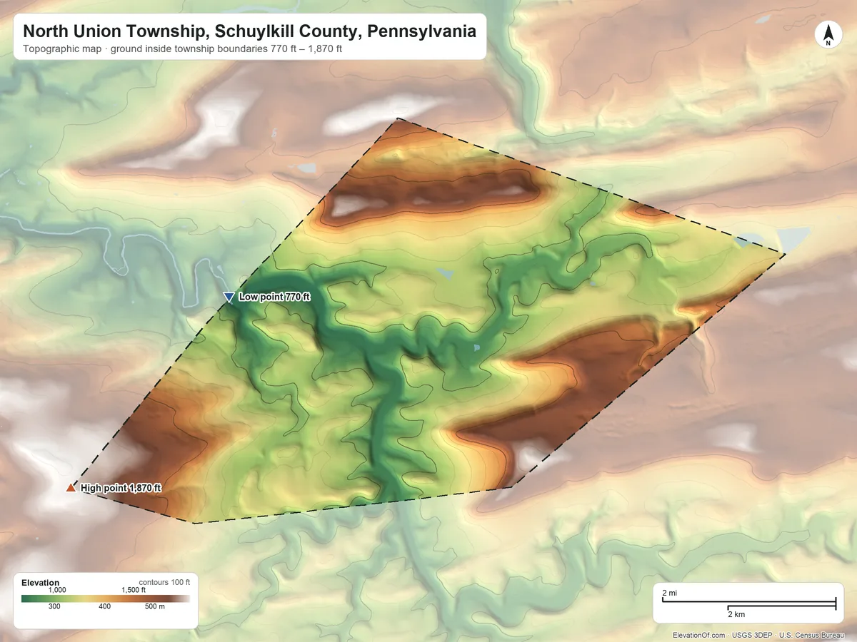 Topographic elevation map of North Union Township, Schuylkill County, Pennsylvania, shaded from 770 ft on the west side to 1,870 ft on the west side