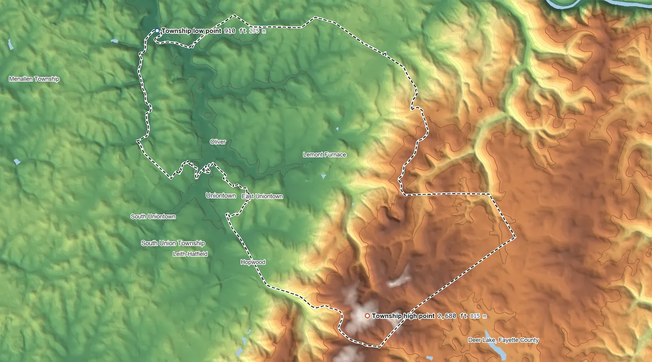 Topographic elevation map of North Union Township, Pennsylvania, shaded from 910 ft on the northwest side to 2,680 ft on the southeast side